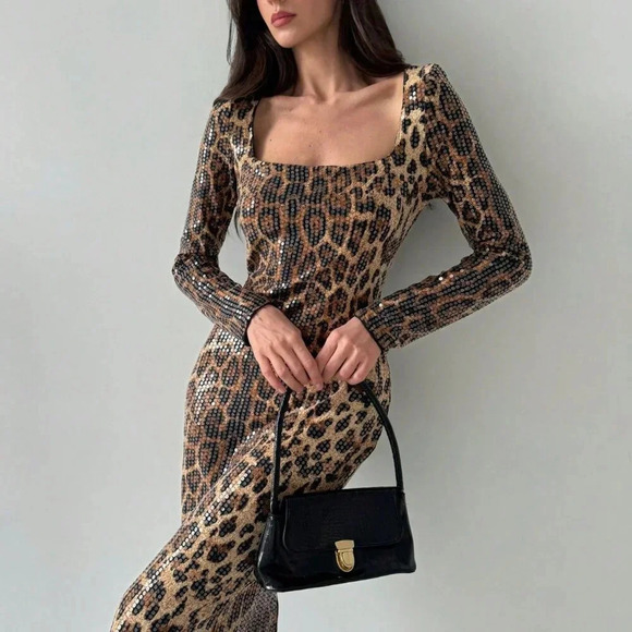 Brown Elegant Women's Sexy Sequin Leopard Print Square Neck Cocktail Dress - Picture 5 of 8